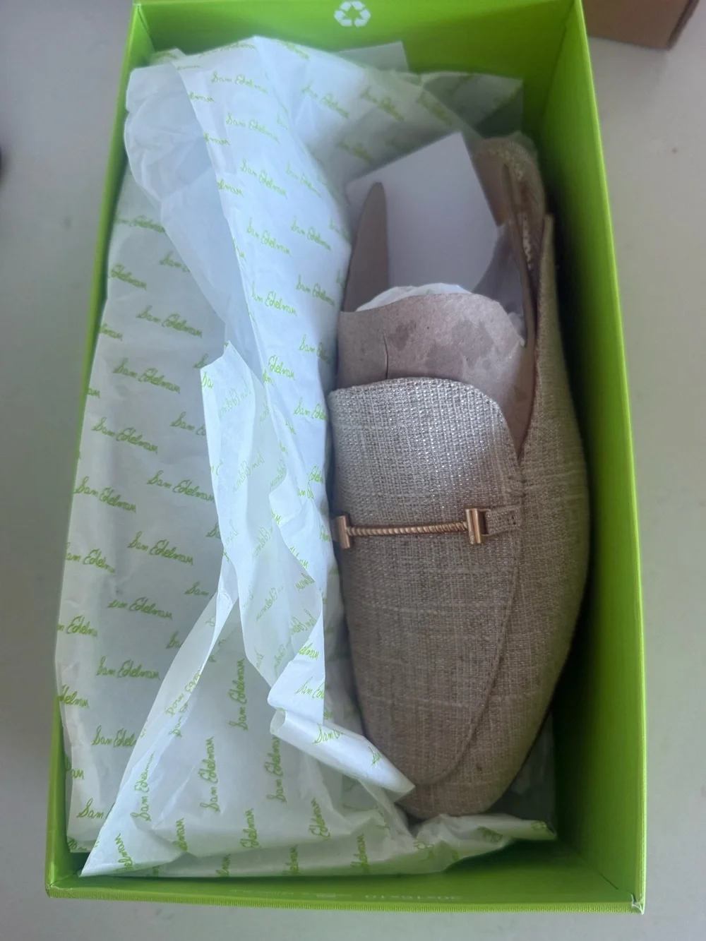 Sam Edelman Beige Woven Slip-On Loafers with Gold Bit
